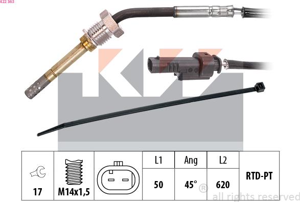 KW 422 363 - Датчик, температура вихлопних газів autocars.com.ua