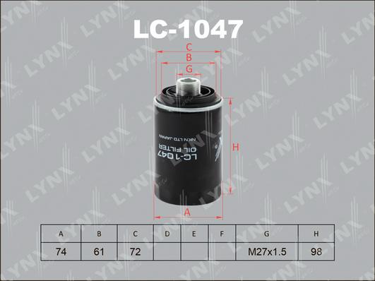 LYNXauto LC-1047 - Фильтр масляный AUDI A38P 04> - A4 07> - A5 07> - TT 06> 1.8-2.0 - A6 11> - Q5 08> 2.0  SKODA Octa autodnr.net