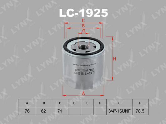LYNXauto LC-1925 - Фильтр масляный AUDI A3 1.0-1.4 12> - A4 1.4 15> - Q2 1.4 16> - Q3 1.4 13>  SKODA Fabia 1.0-1.6 14> autodnr.net