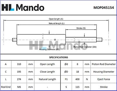 Mando MOP045154 - Газова пружина, кришка багажник autocars.com.ua