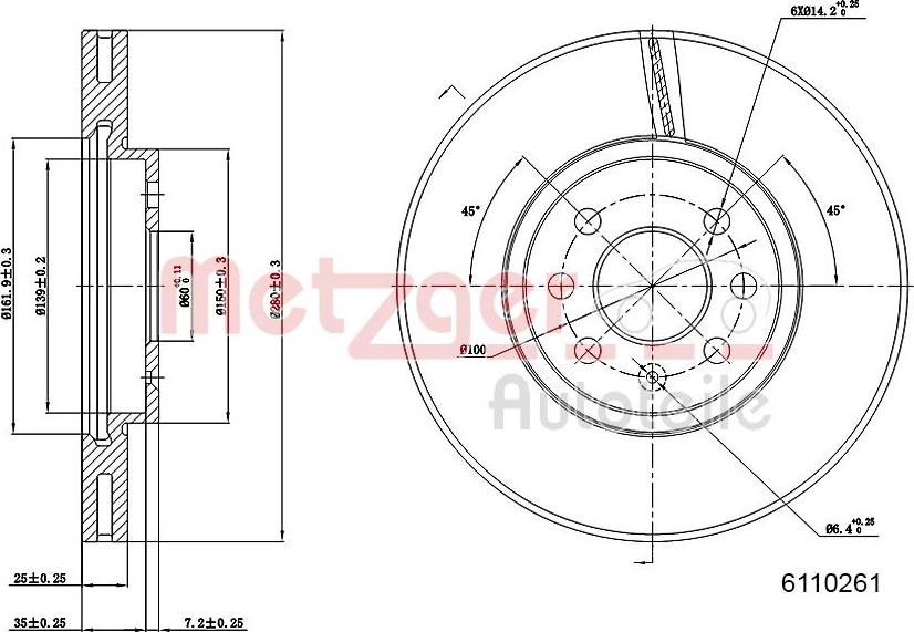 Metzger 6110261 - Гальмівний диск autocars.com.ua