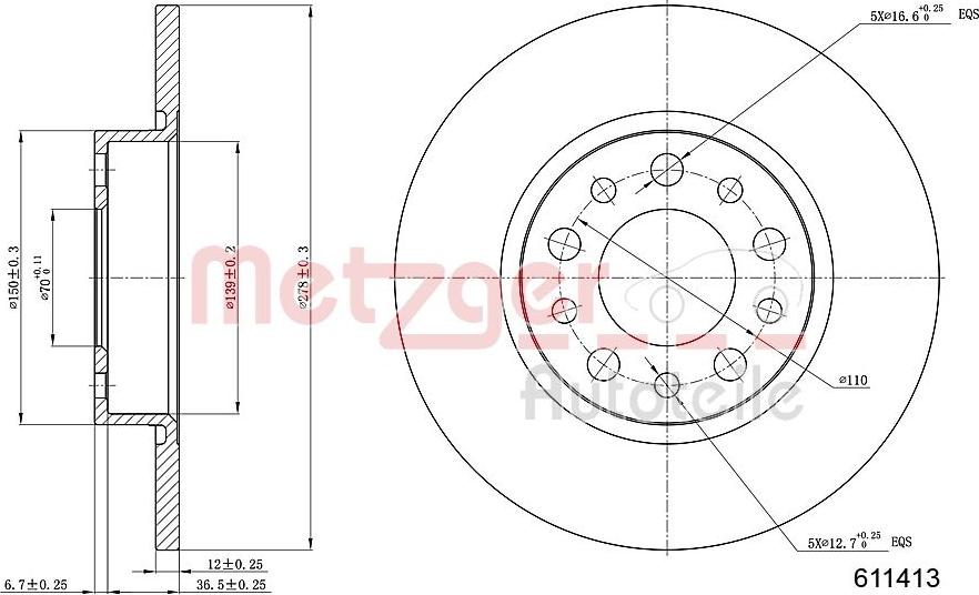 Metzger 6110413 - Гальмівний диск autocars.com.ua