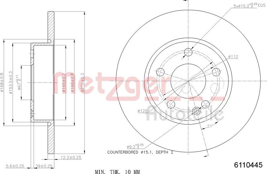 Metzger 6110445 - Гальмівний диск autocars.com.ua