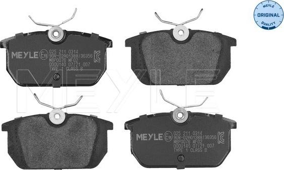 Meyle 025 211 0314 - Тормозные колодки, дисковые, комплект avtokuzovplus.com.ua