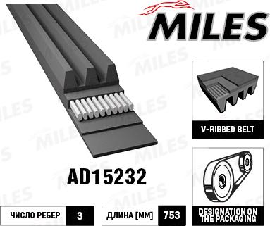 Miles AD15232 - Поликлиновой ремінь autocars.com.ua