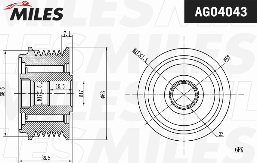 Miles AG04043 - Ремінний шків, генератор autocars.com.ua