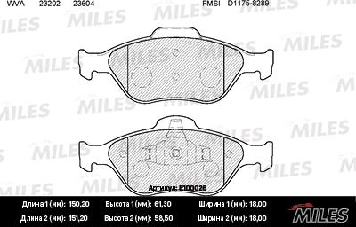 Miles E100026 - Гальмівні колодки, дискові гальма autocars.com.ua