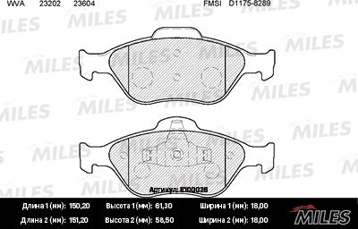 Miles E100026 - Тормозные колодки, дисковые, комплект avtokuzovplus.com.ua