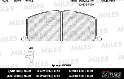Miles E100211 - Гальмівні колодки, дискові гальма autocars.com.ua