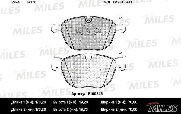 Miles E100245 - Гальмівні колодки, дискові гальма autocars.com.ua