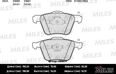 Miles E100277 - Тормозные колодки, дисковые, комплект avtokuzovplus.com.ua