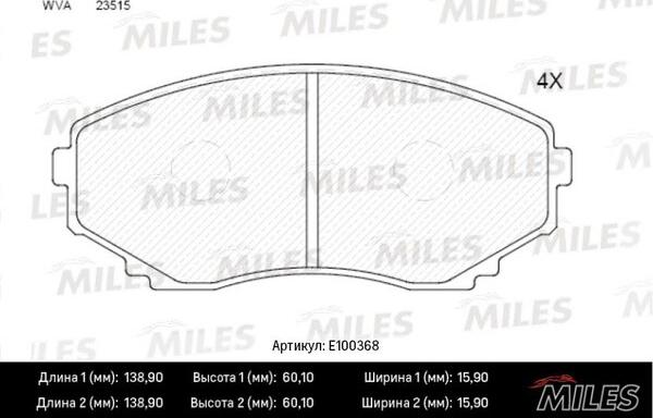 Miles E100368 - Тормозные колодки, дисковые, комплект avtokuzovplus.com.ua
