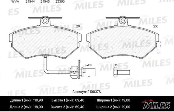 Miles E100378 - Гальмівні колодки, дискові гальма autocars.com.ua