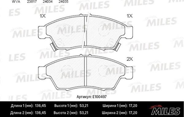 Miles E100497 - Гальмівні колодки, дискові гальма autocars.com.ua