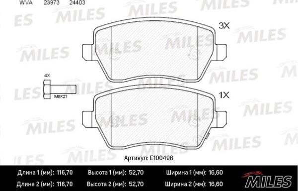 Miles E100498 - Гальмівні колодки, дискові гальма autocars.com.ua