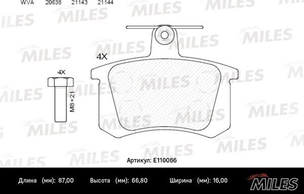 Miles E110066 - Тормозные колодки, дисковые, комплект avtokuzovplus.com.ua