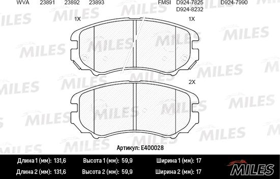 Miles E400028 - Гальмівні колодки, дискові гальма autocars.com.ua
