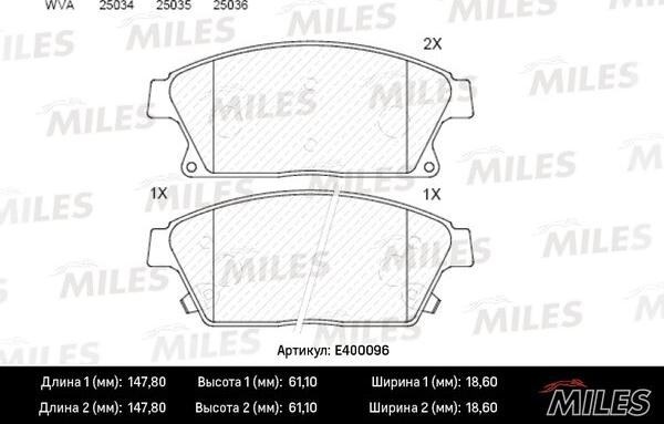 Miles E400096 - Гальмівні колодки, дискові гальма autocars.com.ua