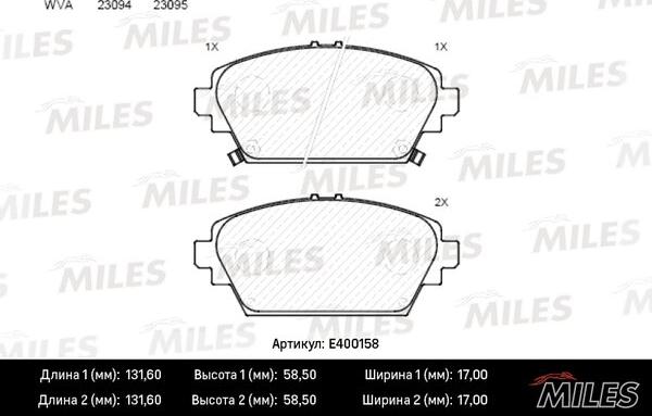 Miles E400158 - Гальмівні колодки, дискові гальма autocars.com.ua