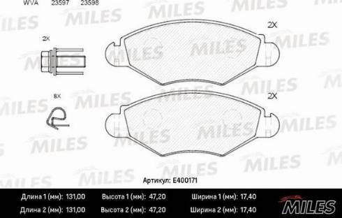 Miles E400171 - Гальмівні колодки, дискові гальма autocars.com.ua