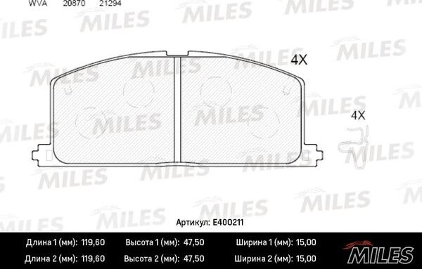 Miles E400211 - Тормозные колодки, дисковые, комплект avtokuzovplus.com.ua
