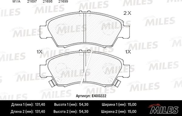 Miles E400222 - Колодки тормозные HONDA CIVIC 1.3-1.6 91-01-JAZZ 1.2-1.4 02- передние autodnr.net