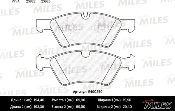 Miles E400259 - Гальмівні колодки, дискові гальма autocars.com.ua