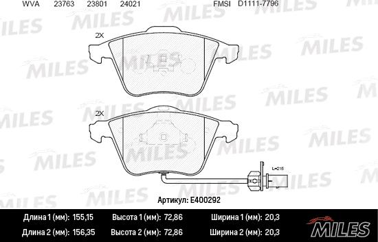 Miles E400292 - Гальмівні колодки, дискові гальма autocars.com.ua