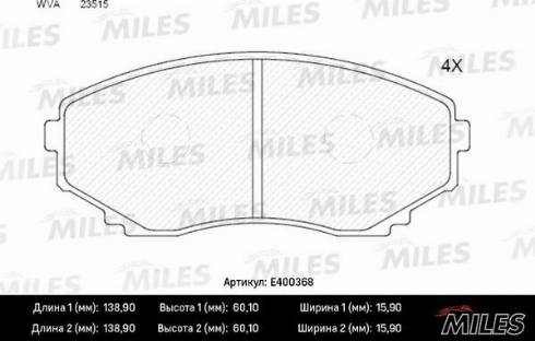 Miles E400368 - Тормозные колодки, дисковые, комплект avtokuzovplus.com.ua