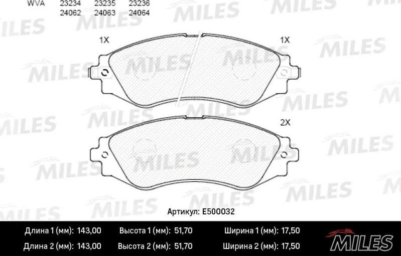 Miles E500032 - Гальмівні колодки, дискові гальма autocars.com.ua