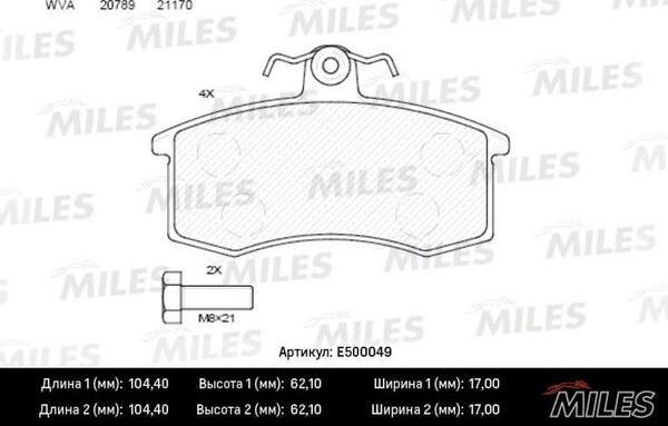 Miles E500049 - Тормозные колодки, дисковые, комплект avtokuzovplus.com.ua