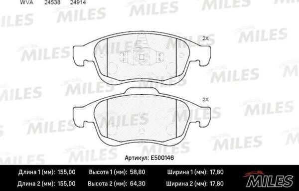 Miles E500146 - Тормозные колодки, дисковые, комплект avtokuzovplus.com.ua