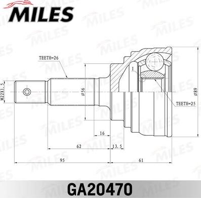 Miles GA20470 - Шарнирный комплект, ШРУС, приводной вал avtokuzovplus.com.ua