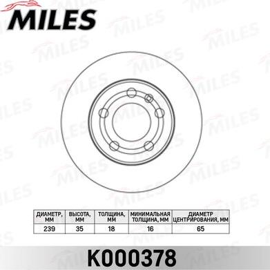 Miles K000378 - Диск тормозной SKODA FABIA 1.0-1.9 99--VW POLO 1.2-1.4 01- передний D=239мм autodnr.net