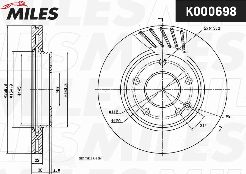 Miles K000698 - Гальмівний диск autocars.com.ua