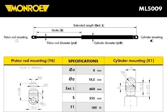 Monroe ML5009 - Газова пружина, кришка багажник autocars.com.ua