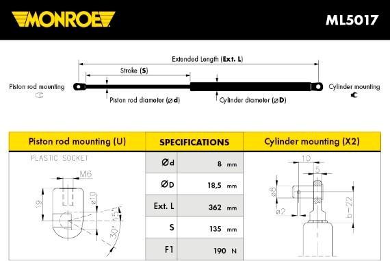 Monroe ML5017 - Газова пружина, кришка багажник autocars.com.ua