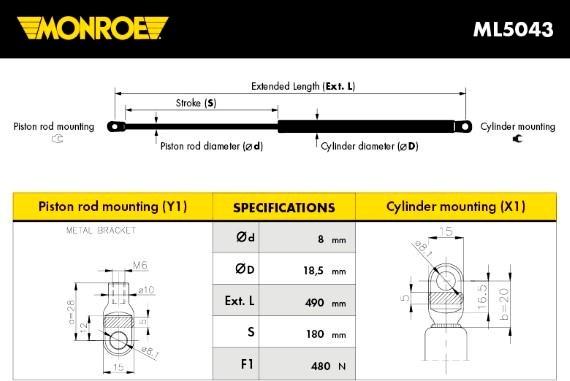 Monroe ML5043 - Газова пружина, кришка багажник autocars.com.ua