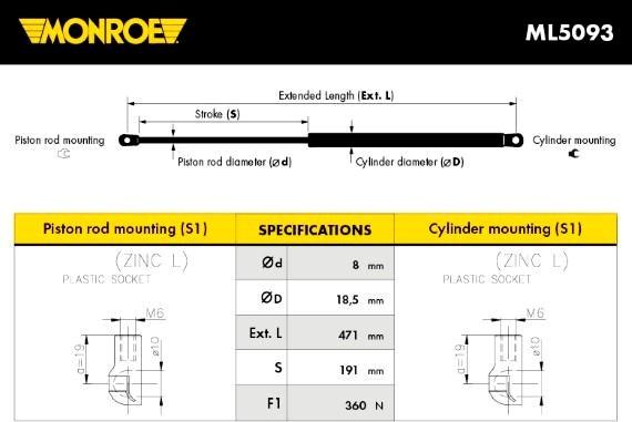 Monroe ML5093 - Газова пружина, кришка багажник autocars.com.ua