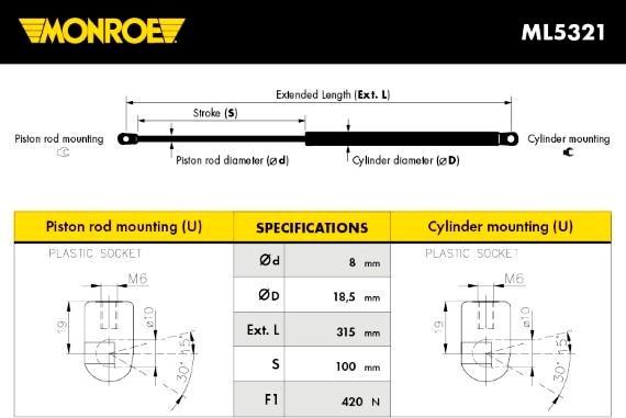 Monroe ML5321 - Газова пружина, кришка багажник autocars.com.ua