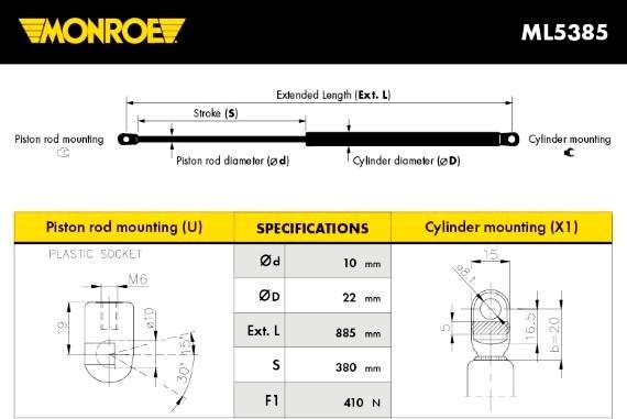 Monroe ML5385 - Газова пружина, капот autocars.com.ua