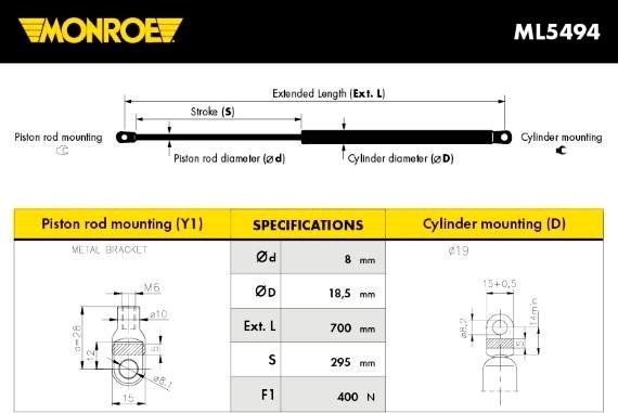 Monroe ML5494 - Газова пружина, кришка багажник autocars.com.ua