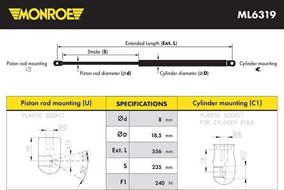 Monroe ML6319 - Газова пружина, капот autocars.com.ua