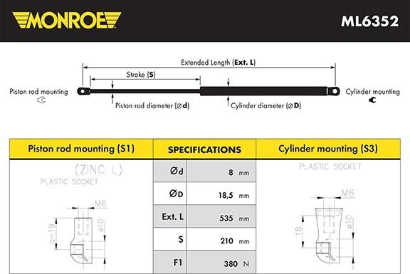 Monroe ML6352 - Газовая пружина, упор avtokuzovplus.com.ua