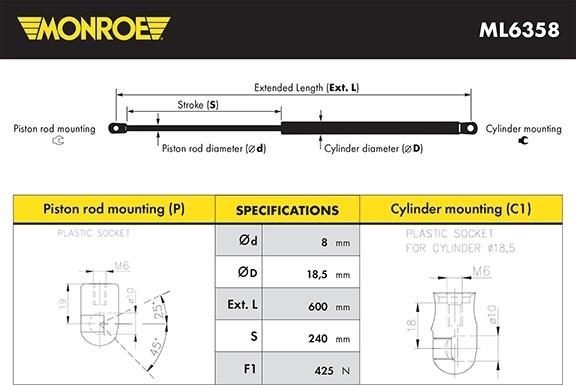 Monroe ML6358 - Газовая пружина, капот avtokuzovplus.com.ua