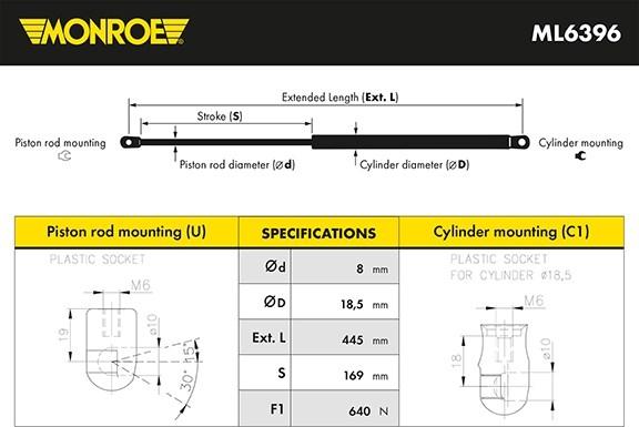 Monroe ML6396 - Газова пружина, кришка багажник autocars.com.ua