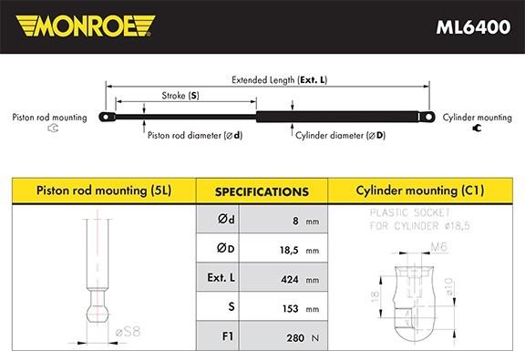 Monroe ML6400 - Газова пружина, капот autocars.com.ua