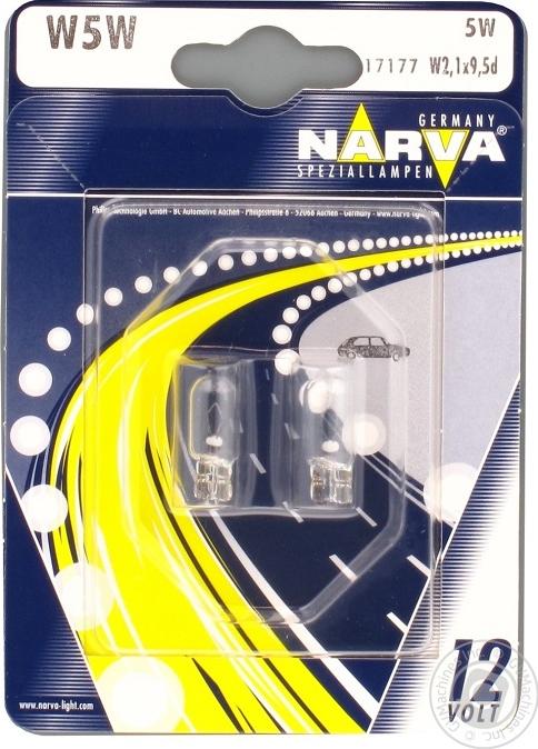Narva 17177B2 - Лампа накаливания W5W 12V 5W W2.1X9.5d 2шт. blister пр-во Narva autocars.com.ua