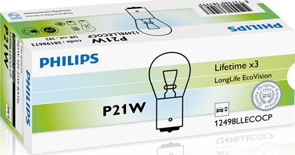 PHILIPS 12498LLECOCP - Лампа розжарювання P21W 12V 21W BA15s LongerLife EcoVision вир-во Philips autocars.com.ua