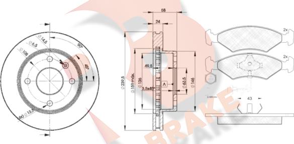 R Brake 3R04104844 - Комплект гальм, дисковий гальмівний механізм autocars.com.ua